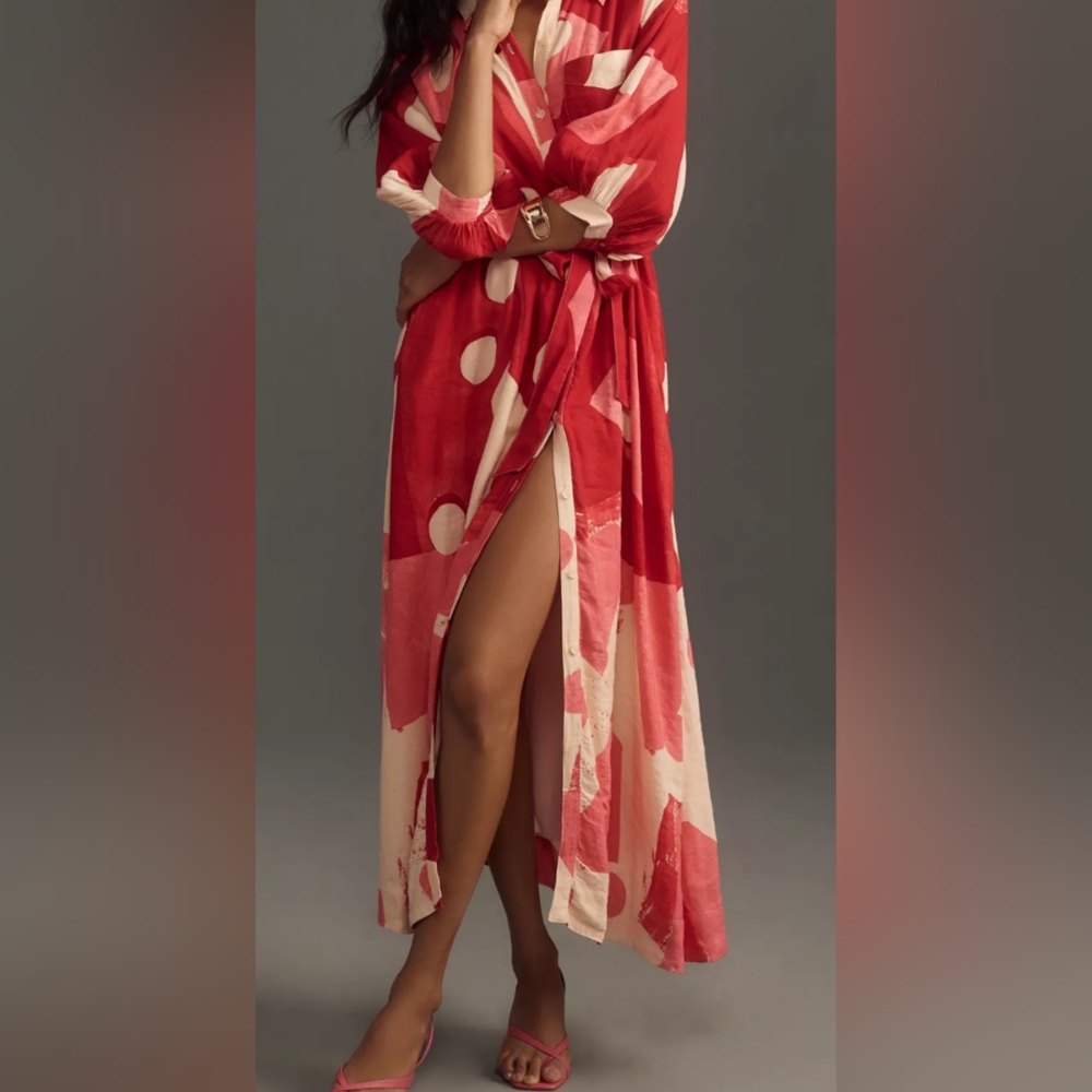 Anthropologie Maeve The Irene Linen Printed Shirt Dress Red Maeve.
